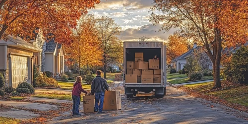 People unloading moving truck on autumn street